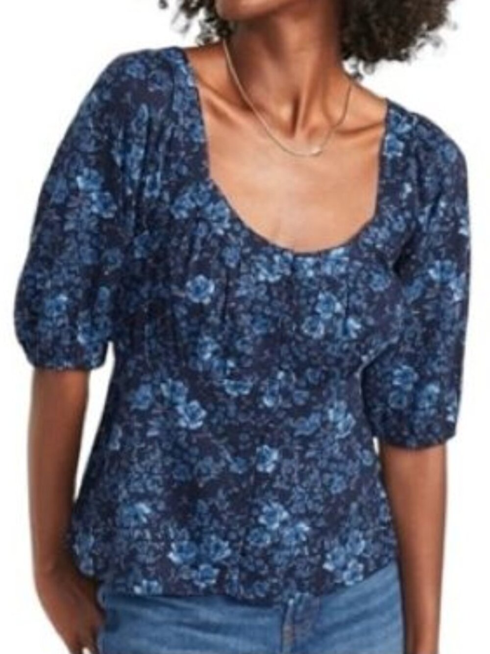 Old Navy Floral Button Front Smocked Back Blouse Puff Sleeve Peasant Top Blue